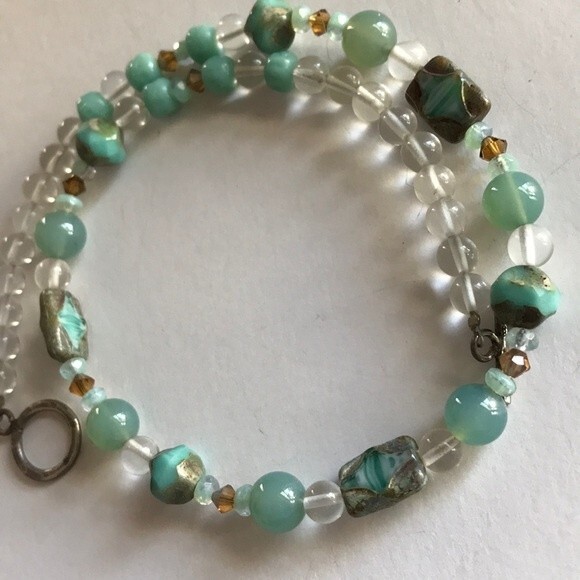 Vintage Handmade Teal Amazonite Rock Crystal Beads Swarovski Sterling Necklace - Picture 8 of 8